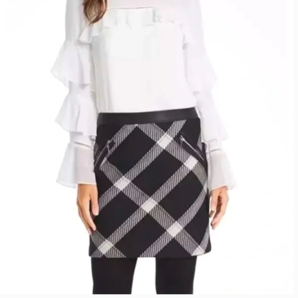White House Black Market Plaid Pencil Skirt Size 4 Faux Leather Trim